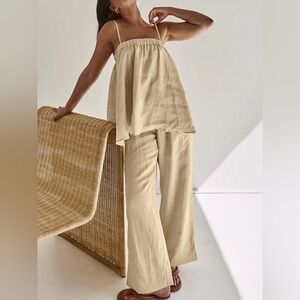 Commense Beige Wide Leg Solid Casual Pants Set